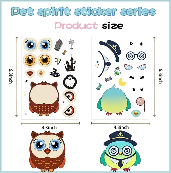24 Sheet Owl Stickers Make Your Own Owl Stickers, Cute Cartoon Make-a-face Sticker Girls Boys Owls Mix and Match Sticker Sheets
