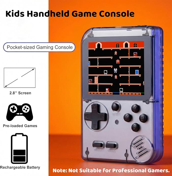 Kids Handheld Game Console Pre-Loaded 400 Classic Games, Portable Video Game Console with 2.8" Color Screen, Rechargeable Battery, Handheld Electric Game Console for Boys Girls (Grey)
