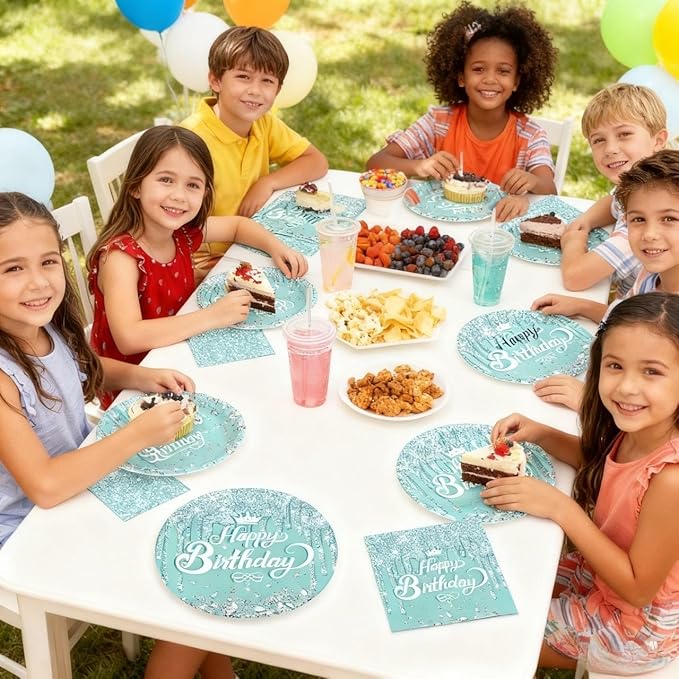 Teal and Silver Birthday Party Supplies, include 20 Plates and 20 Napkins, Teal and Silver Theme Birthday Party Decorations for Kid Girls Women Silver Glitter Party Supplies