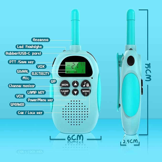 Walkie Talkies for Kids, 2 Pack Rechargeable Kids Walkies Talkies, 3km Long Range, Indoor Outdoor Toys for Outside, Camping, Hiking Family Games, Toys for Boys Girls Ages 3-12 (Blue + Pink)
