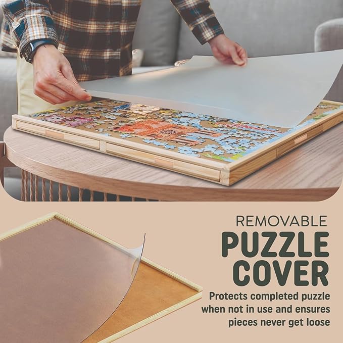 1500 Piece Wooden Jigsaw Puzzle Board - 6 Drawers, Preassembled Rotating Puzzle Table | 35” X 28” Jigsaw Puzzle Board | Puzzle Cover Included - Portable Tables for Adults and Kids