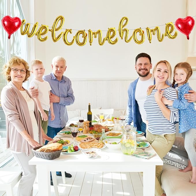 TONIFUL Welcome Home Balloons,Gold Cursive Welcome Home Foil Balloons Banner 16 Inch Welcome Home Party Decorations for Homecoming Party Decorations House Warming Party Family Gathering Supplies