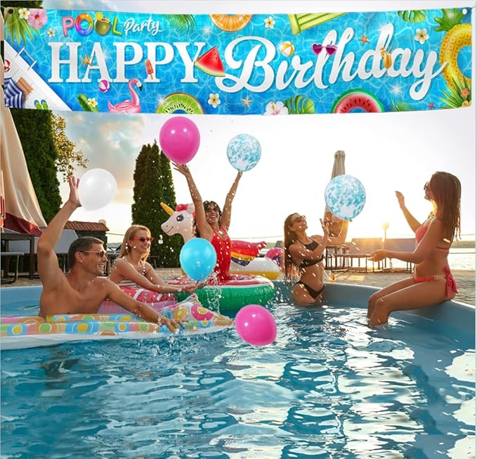Pool Party Banner Decorations Colorful Happy Birthday Pool Banner Background Summer Themed Hawaiian Outdoor Party Decor with 30 Balloons Birthday Yard Decor Baby Shower Supplies - 9.8×1.9ft