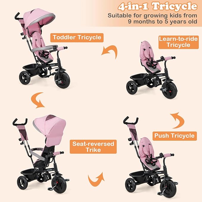 BABY JOY Tricycle, 4 in 1 Toddler Bike w/Removable Canopy, Adjustable Push Handle, Reversible Seat, Safety Belt, Folding Footrest & Storage Basket, Toddler Tricycle for Boys Girls 9-60 Months (Pink)