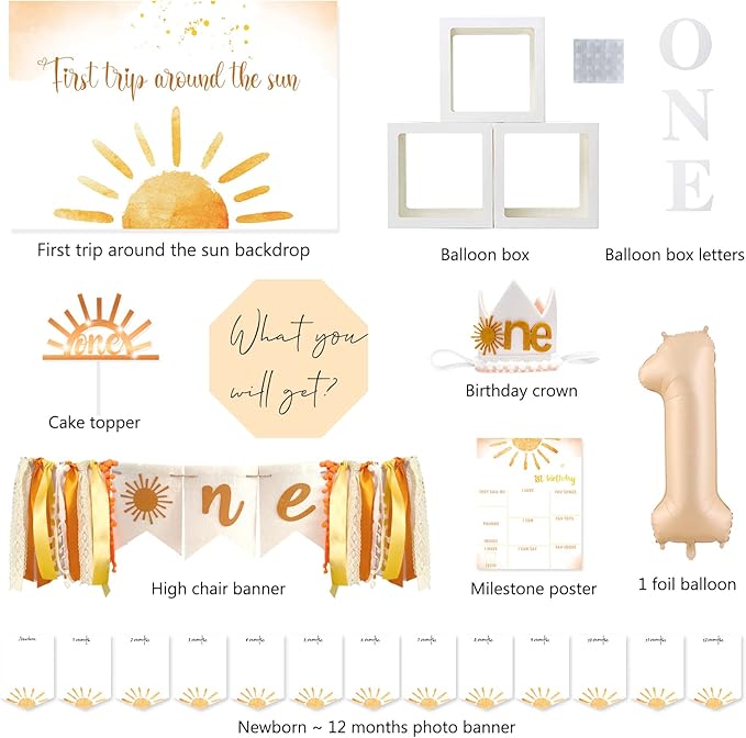First Trip Around The Sun Birthday Decorations Party Supplies, Boho Sun 1st Birthday Decorations for Girl, First Trip Around The Sun Balloon Box Backdrop