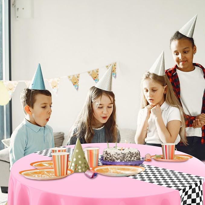 Oudain 3 Pcs Cars Birthday Party Supplies Racing Party Decorations Round Racing Tablecloth Checkered Flag Table Covers Road Plastic Table Cloth, 1950s Disco Dancing Party Tablecloth (Light Pink)