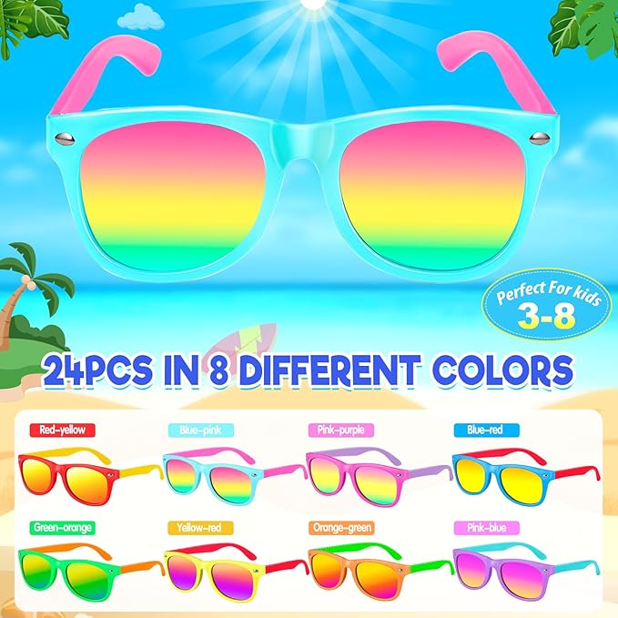 Kids Sunglasses Bulk Party Favors for Kids 4-8 & 3-5，24 Packs Boys Girls Sunglasses with UV 400 Protection, Neon Toddler Sunglasses for Kids Birthday,Pool Beach Party Favors