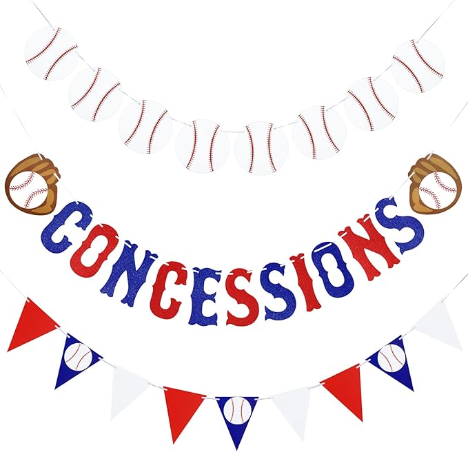 3 Pieces Baseball Garland Baseball Banner Glitter Concessions Banner Ball Triangle Bunting Pennant Flag Sports Themed Game Day Decorations for Party Favors Home Run Birthday Party Supplies