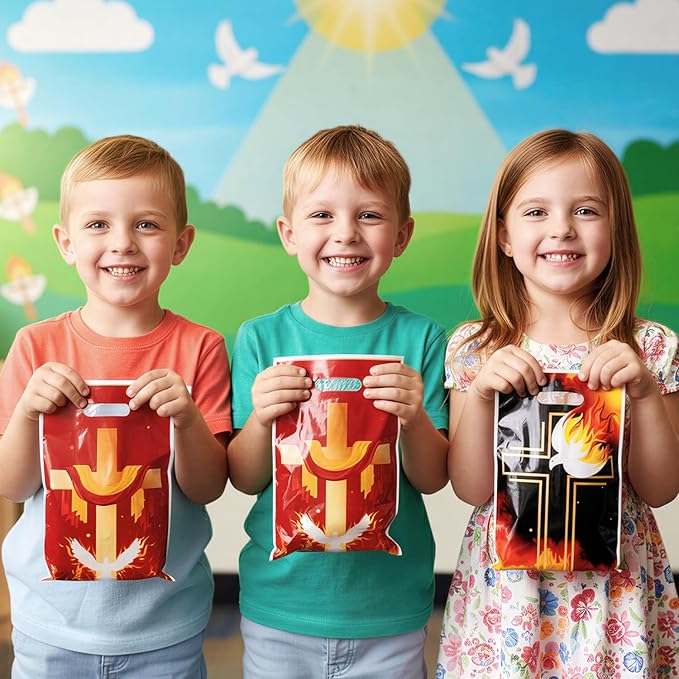 Pentecost Christian Party Favor Bags - 50Pcs Religious Christian Flame Cross Dove Goody Treat Bags, Jesus Holy Spirit Party Decoration for Pentecost Church Sunday School Liturgical Seasons