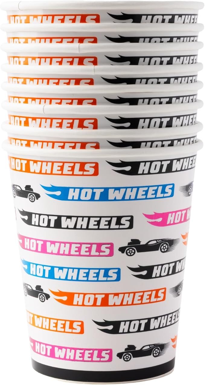 Bonjour Fete Hot Wheels™ x Paper Party Cups | Disposable Cups for Birthday Parties, Kids' Celebrations, and Car-Themed Events | Premium Party Supplies & Decorations | Pack of 8 | 9 oz size