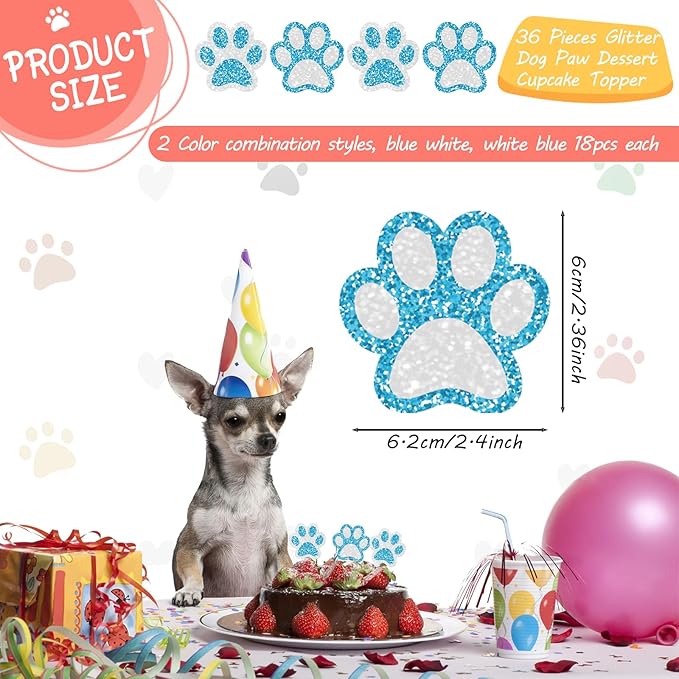36 Pcs Paw Cupcake Toppers Glitter Dog Paw Cake Decorations Blue White Glitter Puppy Cupcake Toppers for Baby Shower Boys Girls Birthday Party Cake Supplies (2 Styles)