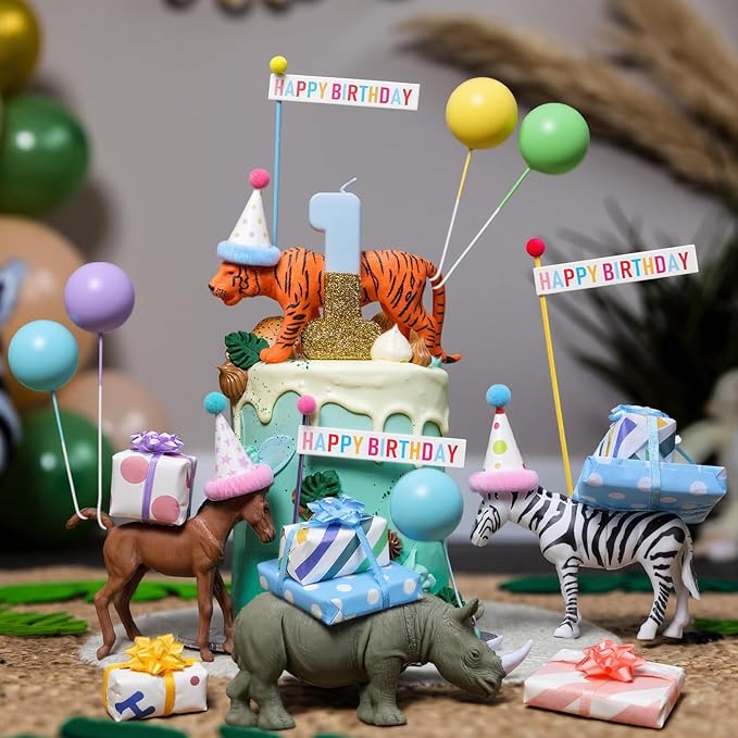 Weysat 37 Pcs Jungle Animal Birthday Party Decorations, Safari Animal Cake Toppers with Mini Hats Miniature Flags Gift Boxes Balls Figure Models for Wild Animals Birthday Party Supplies for Adults