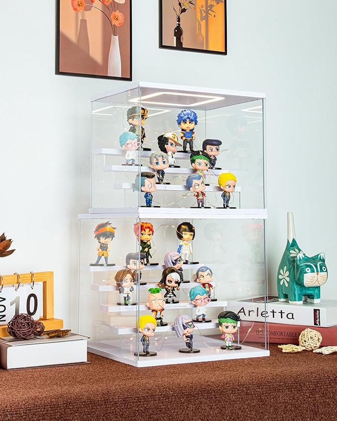 Clear Acrylic Display Case with Light , 5 Tier Display Box Stand Assembly Dustproof Protection Showcase for Collectibles Action Figures (White 12.6×12.2×11.8in; 32×31×30cm)