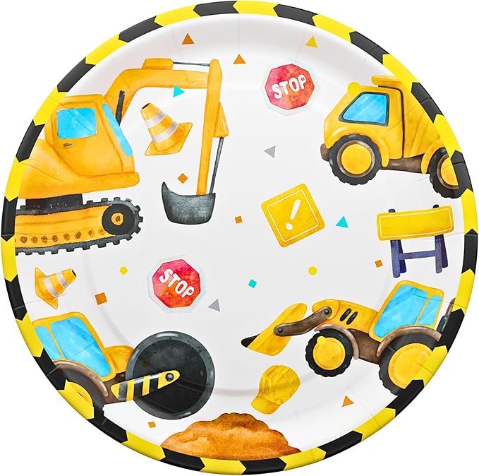 Blue Orchards Construction Plates and Napkins (52 Pieces for 16 Guests) - Construction Theme Birthday Party, Caution Decorations, Excavator Party, Plates and Napkins, Engineering Theme Party