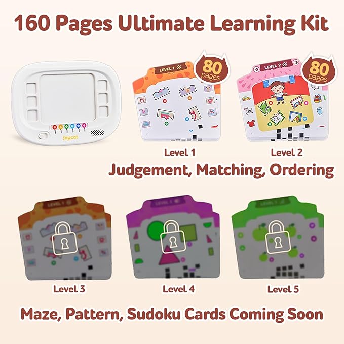 JoyCat Kids Learning Tablet:160 Pages Flash Cards-Judgement, Matching, Ordering- Interactive Logic Training, STEM Montessori Educational Toy, Gifts for Kids 3-8