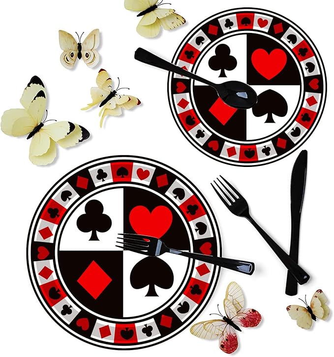 50Pcs Poker Party Supplies - 9" Playing Card Dinner Plates, 7" Casino Plates for Casino Night, Poker Game Theme, Birthday Party Decor