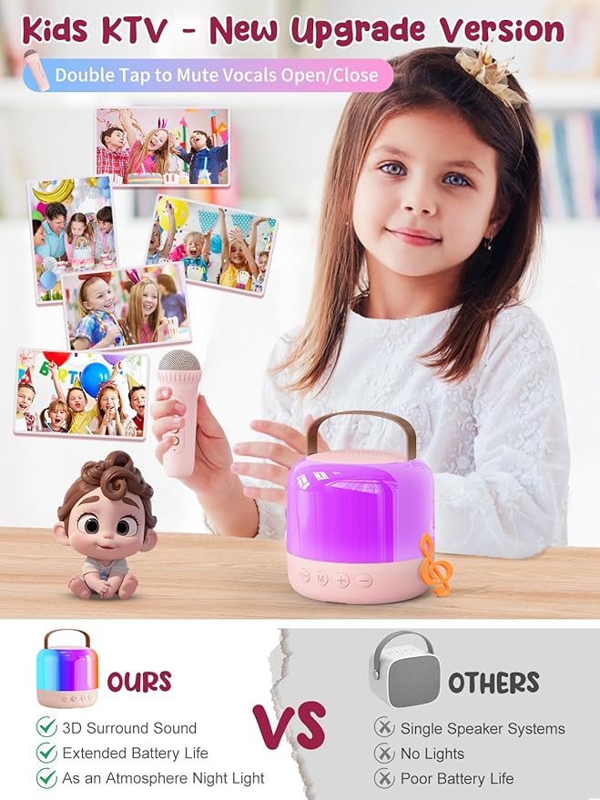 Mini Karaoke Machine for Kids Portable Bluetooth 5.3 Speaker with 2 Wireless Kareokee Microphones, 360° Colorful LED Light Karaoke Toy Gifts for Girls Boys Ages 4-12 Birthday(Peach Pink-2 Mic)