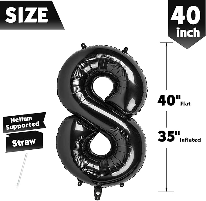 40 Inch Black Number 8 Balloon, Giant 8 Number Balloons for 8th Birthday Decorations, Party Supplies for Baby Boy Girl, Black Party Decor