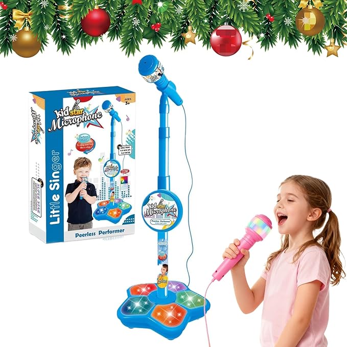 Kids Microphone with Stand,Microphone for Kids,Musical Toys All-in-One Microphones Toy for Girls with Stand, Got Built-in Music, Colorful Lights, Echo Effects (Blue)