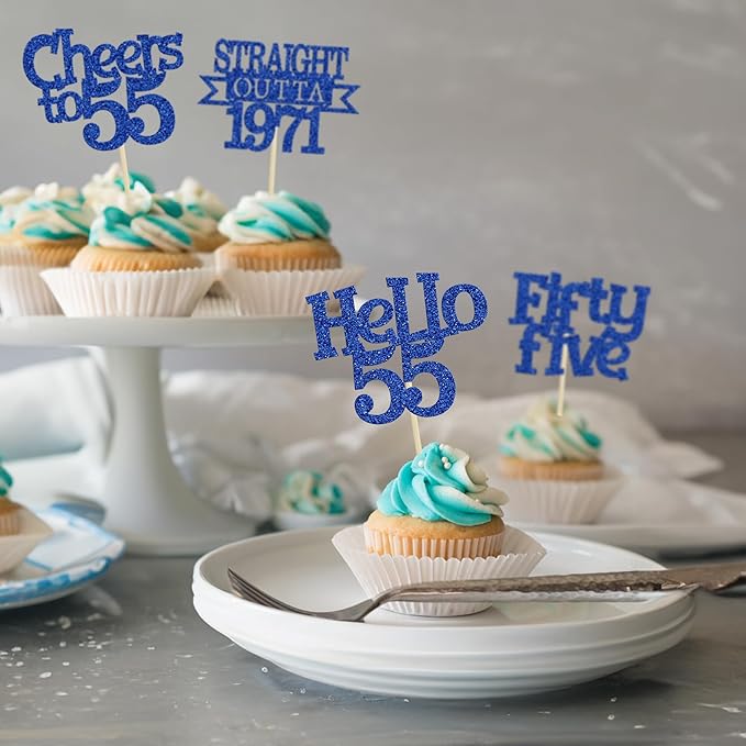 Ephlyn 24Pcs 55th Birthday Cupcake Toppers Glitter Straight Outta 1971 Cupcake Picks Hello 55 Cheers to 55 Years Cake Decorations for 55th Birthday Anniversary Party Decorations Supplies Blue