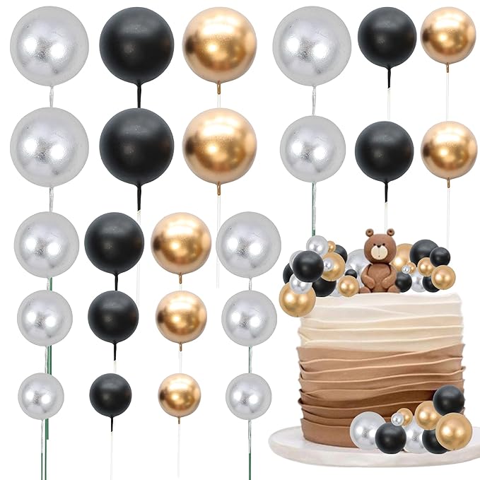 Gyufise 30Pcs Ball Cake Toppers Ball Cake Picks Ball Shaped Cupcake Insert Cake Topper for Bear Theme Birthday Party Favors Wedding Decoration Supplies Black Gold Silver