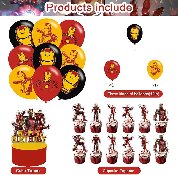 𝓘𝓻𝓸𝓷 𝓜𝓪𝓷 Birthday Party Decorations,Iron Hero Party Supplies Includes Cartoon Iron Hero Birthday Banner Balloons Cupcake Toppers Cake Topper Party Favors