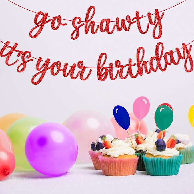 Go Shawty It's Your Birthday Banner, Hip Hop Birthday Party Decorations Supplies, Rap Theme Bday Bunting Sign, Pre-strung, Photo Props (Red)