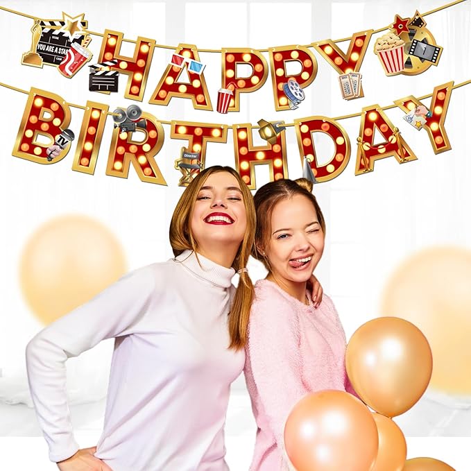 Zwiebeco Movie Night Happy Birthday Banner Film Themed Sign Hanging Paper Party Decoration for Hollywood Cinema Accessories Supplies Favors