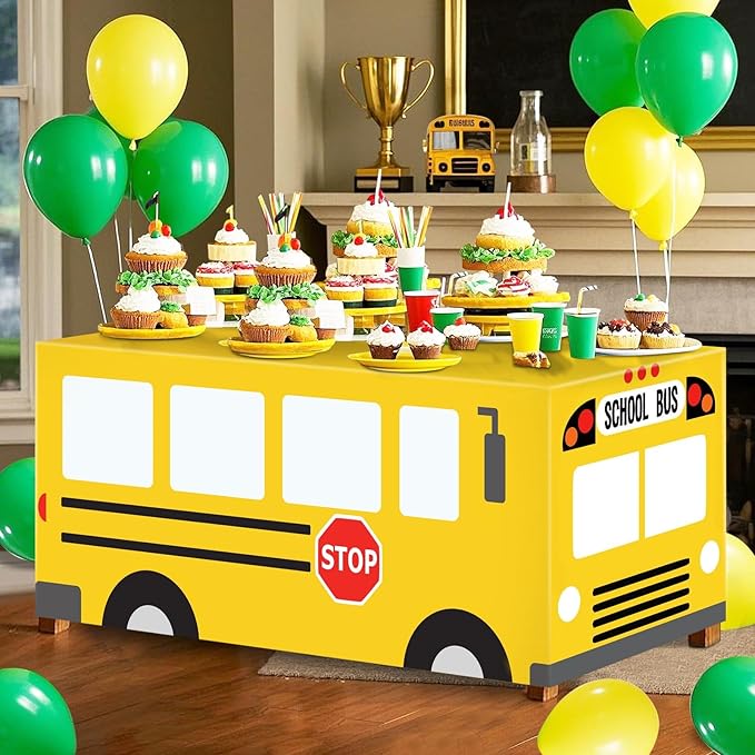 Cumule School Bus Tablecloth First Day of School Party Table Cloth Cover School Bus Theme Party Birthday Decoration Washable Polyester Rectangle Table Cover Decor for Nursery Party Back to School Day