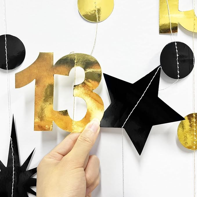 Black Gold 13th Birthday Decorations Number 13 Circle Dot Twinkle Star Garland Metallic Hanging Streamer Banner Backdrop Girls Boys 13 Years Old Birthday Thirteen Official Teenager Party Supplies