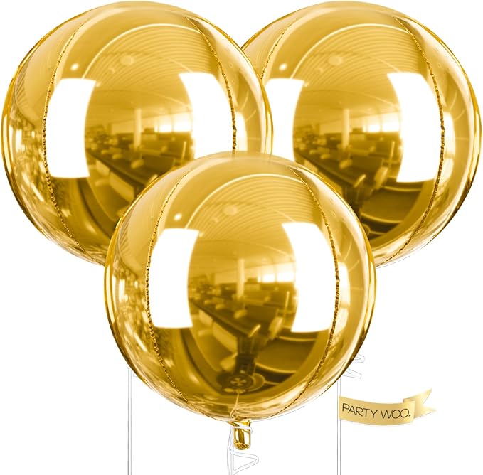 PartyWoo Metallic Gold Foil Balloons 3pcs 50 Inch Large Round Foil Big Giant 4D Jumbo Inflatable Mirror Ball Mylar Balloons for Graduation Birthday Baby Shower Anniversary Tea Party Decorations