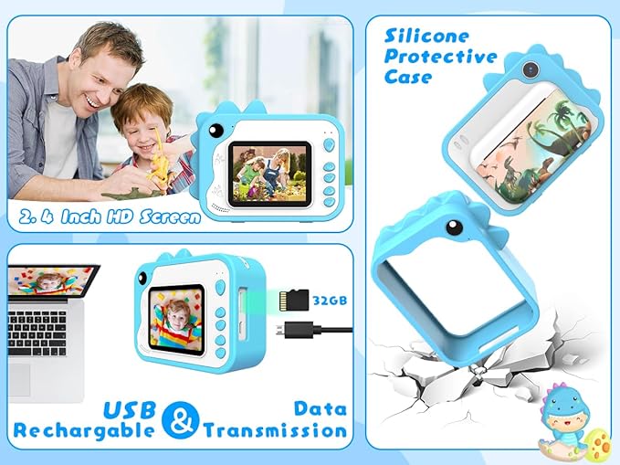 Kids Instant Print Camera 1080p for Ages 3-12 - Ink Free Printing Dinosaur Toddler Camera, Christmas Birthday Gifts for Boys Girls 3-12 Years Old (Blue)