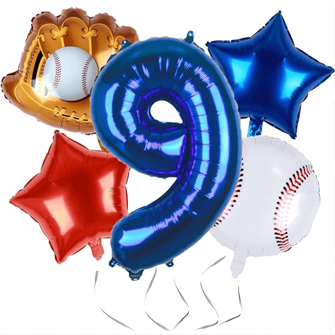 Baseball Balloons 9th Birthday Decorations for Boys | Baseball Birthday Decoration Sports Theme Party Supplies, 32Inch Foil Mylar Number 9 Balloon Navy Blue Red White Sports Balloon Arch Kits