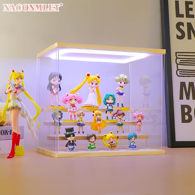 Clear Acrylic Display Case for Action Figure Pop mart Display- Funko Pop Dustproof Showcase with Lighting,Multiple Layers for Collectibles(4 Tier-W*D*H-12.6"x9.4"x11.7"inches)