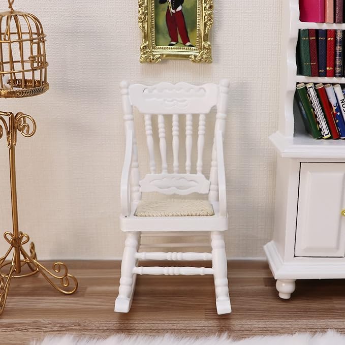 Dollhouse Chairs 2PCS Miniature Rocking Chair 1:12 Scale Wooden FurnitureAccessories Tiny Mini House Home Outdoor Decoration Model Living Room Scene Christmas Craft Displays (White)
