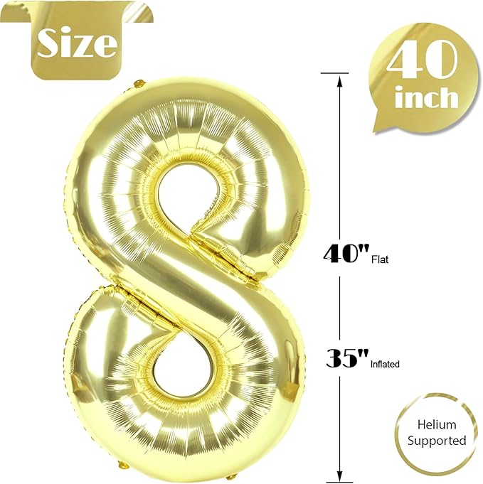 Champagne Gold 8 Balloon, Number Balloons 40 Inch, Light Gold 8th Birthday Decorations for Girls, Birthday Balloons, Light Gold Party Supplies, Number 8 Balloon