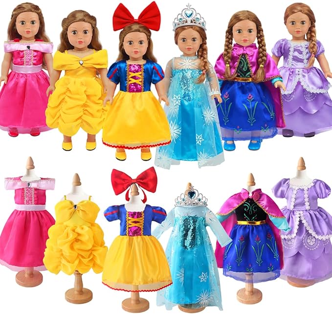 6 Sets Princess Dresses for 18 Inch Dolls, 18 Inch Doll Clothes Accessories Elegant Ball Gown Outfits with 1 Crow & 1 Bow Hairband | Fits Most 18” Fashion Dolls