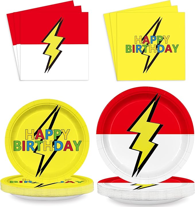 40PCS Red Yellow Birthday Party Plates and Napkins for Kids Cartoon Game Themed First Birthday Party Decorations Lightning Paper Plates Cartoon Animated Supplies Tableware Set 20 Guests