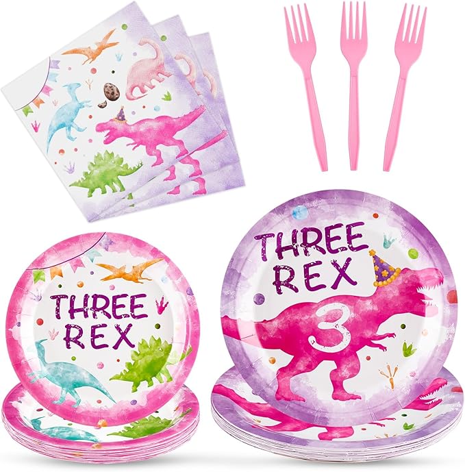 WERNNSAI Dinosaur 3rd Party Decorations - 64PCS Dinosaur Plates Napkins and Forks Set Three Rex Birthday Decorations for Kids Girls 3 year old Birthday Decorations Serves 16 Guests