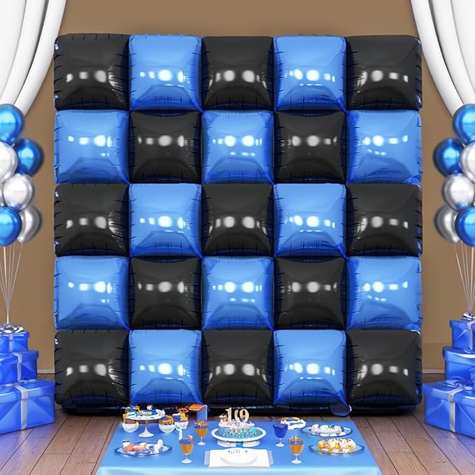 Black Blue Square Foil Balloon Wall,25Pcs Double Sided Foil Balloons Backdrop Helium Polyester Tunnel Arch Garland Kit for Birthday Bridal Anniversary Baby Shower Party Decorations