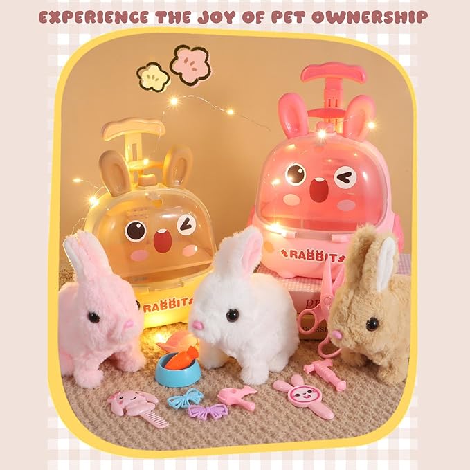 Electric Bunny Toy, Interactive Plush Bunny Toy with Cage, Walking Hopping & Nose Twitching Electronic Pet for Kids