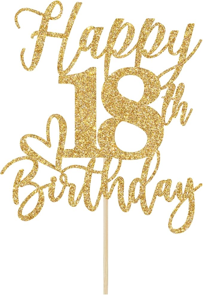 Gold Glitter Happy Birthday Cake Topper, Funny Happy Birthday Party Supplies (happy 18th birthday, Gold Glitter)