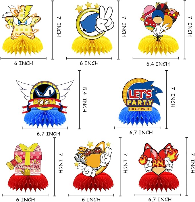 8Pcs Blue Hedgehog Party supplies set Honeycomb Centerpieces Double Sided Table Topper for Birthday Decorations