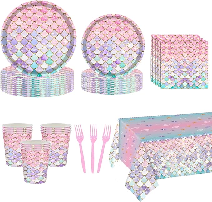 121 Pcs Mermaid Birthday Party Decorations Plates Set for 24 Guests,Little Mermaid Party Supplies Ocean under the Sea Party Tableware Plate,Fork,Napkins Tablecloths Cups for Princess Girls