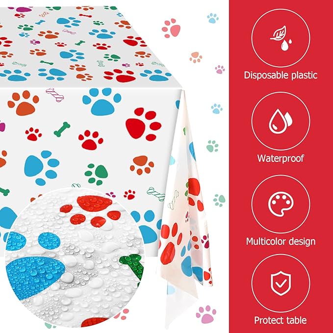 Tegeme 3 Pcs Puppy Paw Print Tablecloth 54 x 108 Inch Plastic Disposable Dog Paw Print Table Cover Colorful Dog Cat Decorations for Pet Party Birthday Baby Shower Supplies
