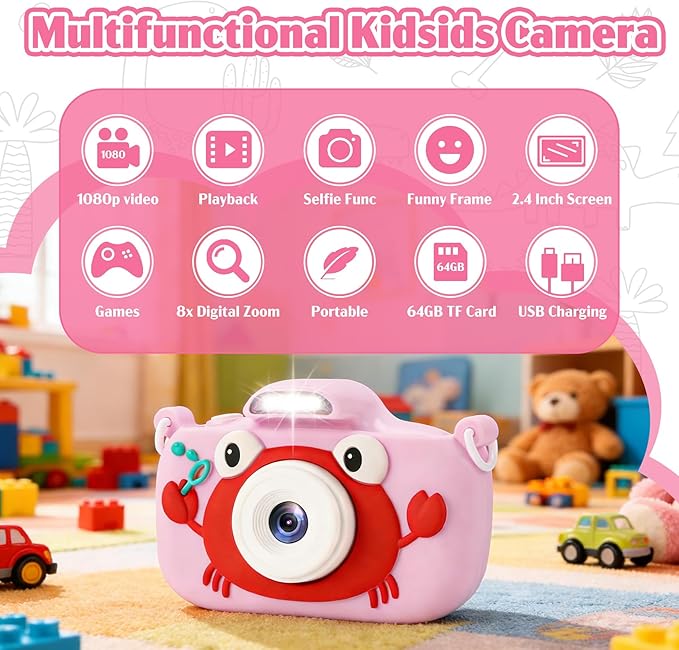 Kids Camera Toys for 3-9 Year Old Girls Boys. 2.4-inch Screen Children's Digital Camera with Fill Light,Christmas/Birthday Gift for Children.Comes with a 64G TF Card, Silicone Protective case/Lanyard