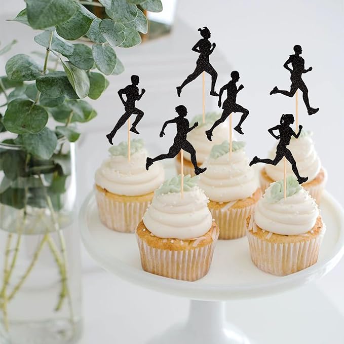 24 PCS Running Cupcake Toppers Black Glitter Sports Fitness Cupcake Picks for Running Theme Boys Girls Birthday Party Cake Decorations Supplies