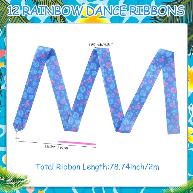12 Pcs Hawaiian Princess Party Favors Ribbon Dancing Wands Gymnastics Ribbons Sticks Dance Streamers Dance Twirling Sticks for Girls Birthday Party Favors Supplies Goody Bag Stuffers Gifts