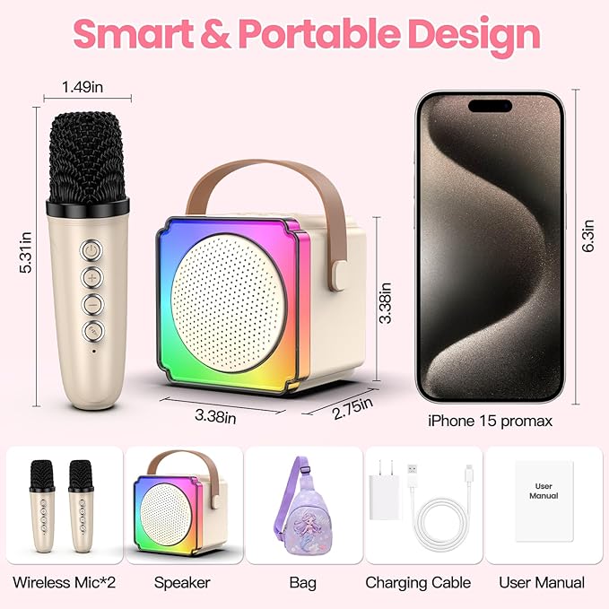 Mini Karaoke Machine with 2 Wireless Microphones, Birthday Gifts for Kids, Adults, Girls Boys Birthday Easter Toys, Age 3-12+ Year Olds, Portable Bluetooth Speaker, 1 Bag, for Singing Party (White)
