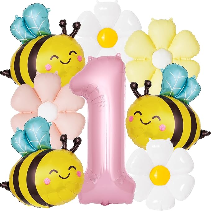 First Bee Day Decorations Girl 8 Pcs First Birthday Decor for Girl with Pink Number 1, Bee and Daisy Foil Balloon, 1st Birthday Decorations Party Supplies